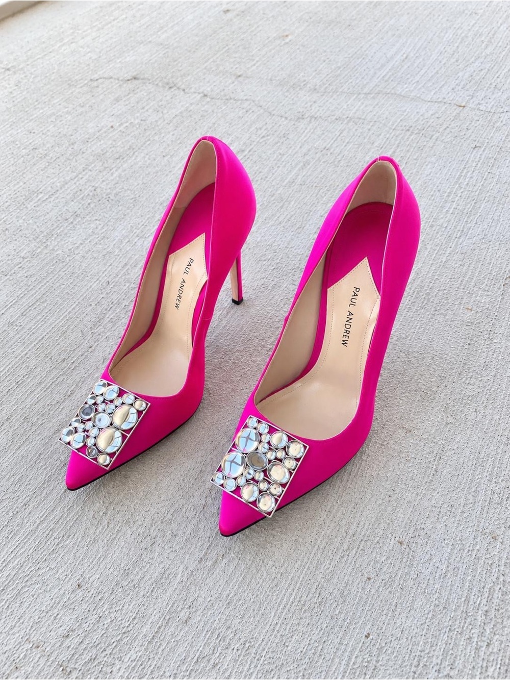 Paul Andrew Fuchsia Satin Jeweled Pointed-Toe Stilettos